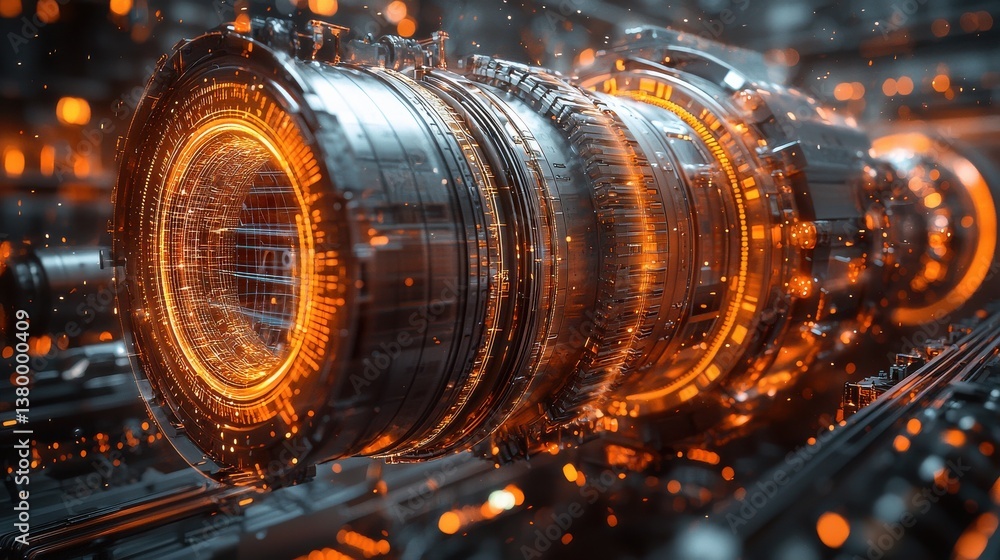 Poster impressive futuristic industrial power turbine engine with intricate mechanical gears and propellers
