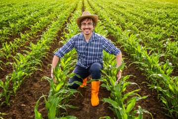 Portrait of happy farmer who is cultivating corn. He is satisfied with progress of plants.