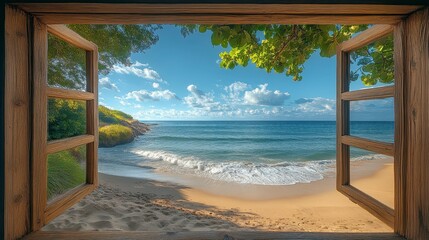 Beach view through window. Azure sea, sandy shore, peaceful scenery