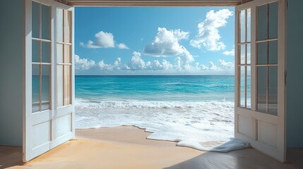 Beach view through open doors. Ocean waves meet sand under bright sky