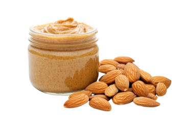 Creamy almond butter in a jar accompanied by fresh whole almonds on a clean surface