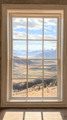 Scenic Mountain Valley View Through Rustic Window