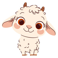 Flat vector illustration in a simple children's style. Cute baby goat with big eyes on white background . Vector illustration