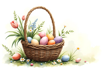 Easter Basket with Flowers Art, Easter Basket Full of Eggs and Blooms, Easter Basket Springtime Illustration, Unique Easter Basket Art for Home Decor