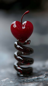 Naklejki Red Heart Shaped Cherry on Dark Glossy Spiral