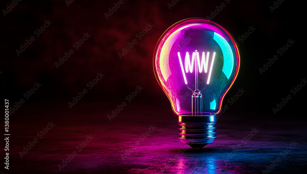 Poster 3d render of a colorful light bulb glowing with a neon effect on a dark background