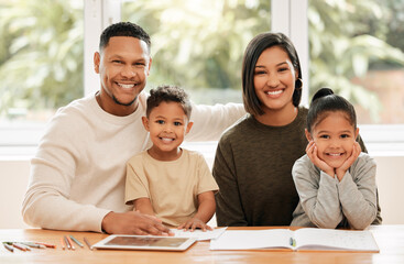 Homework, portrait and family with kids, home and learning with parents, daughter and son with education. House, smile and girl with math, man and woman with children, boy and sister with knowledge