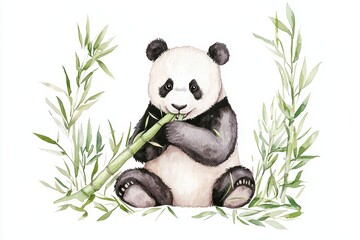 A panda sitting and eating bamboo in a watercolor style illustration.