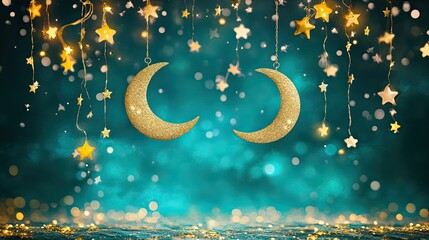 Fototapeta premium A cheerful scene of whimsical crescent moons and colorful stars floating in a vibrant teal and gold background surrounded by luminous fairy lights giving off a festive magical vibe