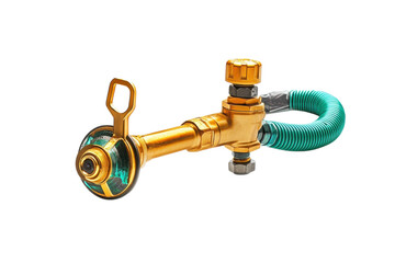 A detailed view of a golden gas regulator connected to a green hose, showcasing impeccable design
