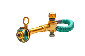 A detailed view of a golden gas regulator connected to a green hose, showcasing impeccable design