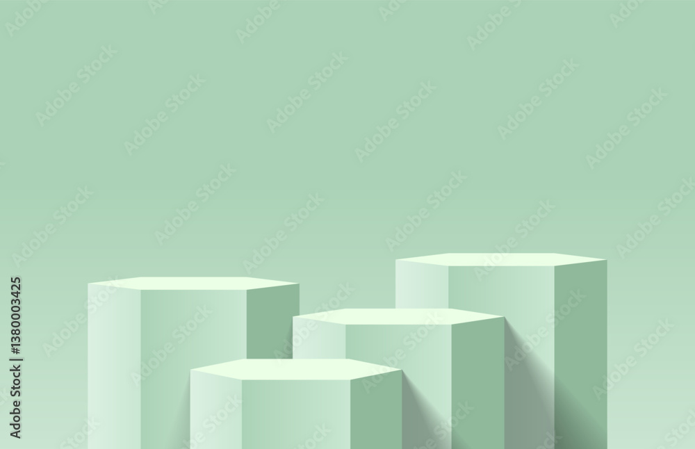 Poster abstract green 3d background in bright studio room. four realistic 3d hexagon podium pedestal with v