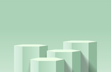 Abstract green 3d background in bright studio room. Four realistic 3D hexagon podium pedestal with vertical shape background. Minimal wall scene for product mockup. 3D vector geometric platform.