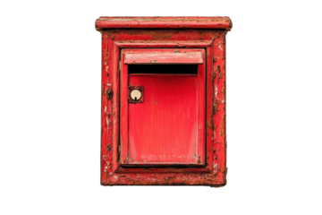 A weathered red mailbox mounted on a white wall, inviting letters and stories from afar