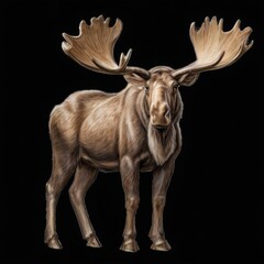 Naklejka premium Majestic Moose Digital Illustration with Antlers and Dark Brown Coat Standing on Black Background