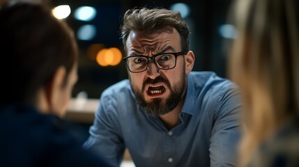 Obraz premium Angry Boss with Office Conflict, Night Meeting, and Stress.