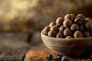 Detailed capture of a custom spice blend, highlighting the shiny textures of allspice against a rustic backdrop.