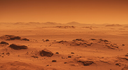 A scenic view of the red planet mars shows an arid, dusty terrain under a vibrant orange sky.