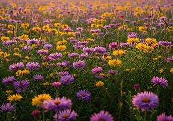 Fototapeta premium Vibrant Meadow of Purple and Yellow Flowers at Sunset, Lush Floral Field, Nature's Beauty.
