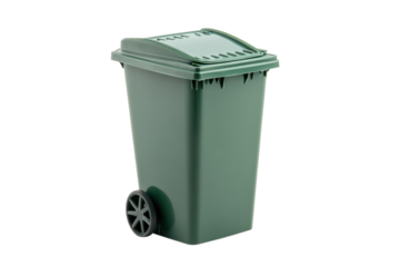 A vibrant green trash bin on wheels for easy disposal in an urban setting, ready for collection