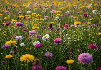 Obraz premium Vibrant Wildflower Meadow Colorful Blooming Field, Daisies, Dandelions, Purple and Yellow Flowers, Nature's Beauty.