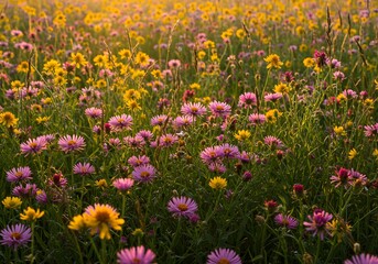 Fototapeta premium Serene Meadow of Wildflowers Yellow and Pink Blossoms in Natural Sunlight, Nature's Beauty