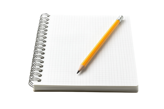Bright yellow pencil poised on a blank spiral notebook ready for ideas and creativity