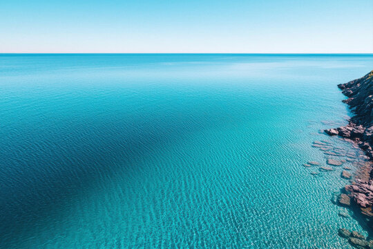 Serene ocean view with clear turquoise water and rocky shoreline under a blue sky.