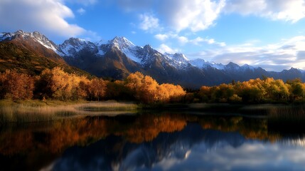Obraz premium Autumn Reflections Snowcapped Peaks Mirror Golden Trees.