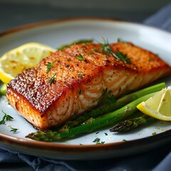 Shot: Side-angle shot of a seared salmon fillet with crispy skin, plated with asparagus spears and lemon wedges.
