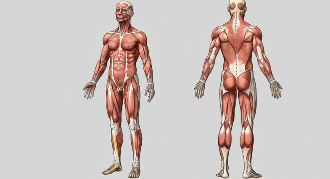 Detailed Human Muscular System Anatomy Illustration Front and Back Views