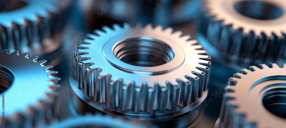 Poster sleek precision close-up of interlocking metal gears in metallic detail and shiny texture