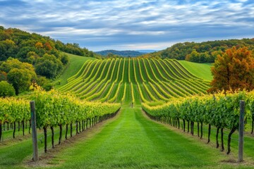 Fototapeta premium A scenic vineyard in southern New Jersey, with rows of grapevines bathed in golden sunlight