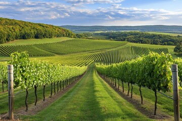 Fototapeta premium A scenic vineyard in southern New Jersey, with rows of grapevines bathed in golden sunlight