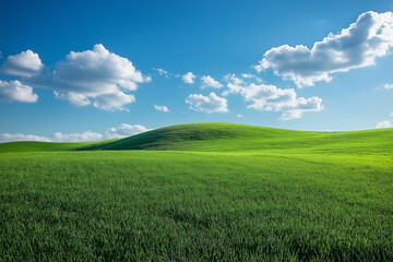 Fototapeta premium Photorealistic Green Grassy Field with Rolling Hills Under Blue Sky and White Clouds – High-Resolution HD Landscape Illustration, Serene Nature Scene