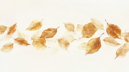 A gentle breeze carries dried golden brown leaves across a soft white background creating a serene autumnal scene perfect for seasonal design projects and fall themed artwork.