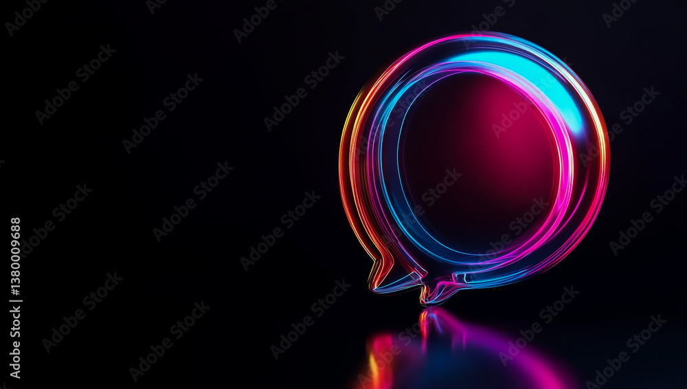 Poster 3d render of a colorful, glowing glass speech bubble in the shape of a message or chat box icon, iso