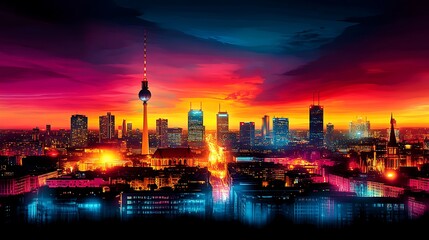 Berlin Nights Vibrant Sunset Skyline Panorama.