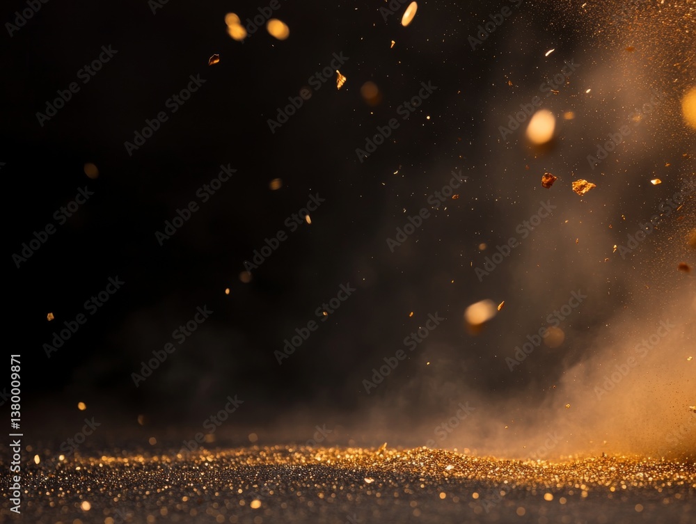 Poster Shimmering golden particles float effortlessly in mid-air, creating a magical and festive atmosphere with a deep black backdrop that enhances their brilliance