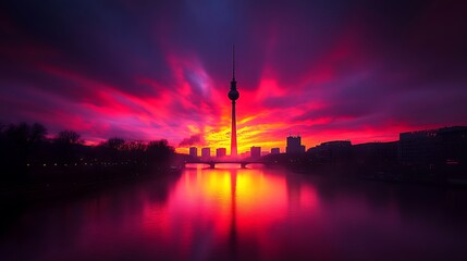 Fototapeta premium Berlin TV Tower Sunset Dramatic Cityscape.