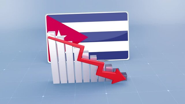 Cuba Country Flag and Bar Chart Graph Showing Decreasing Values a Red Arrow Economic Crisis Concept. Flag of the Cuba