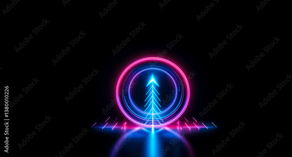 Aufkleber neon arrow points upward through a pink circle, positioned on a blue grid against a dark backdrop. t