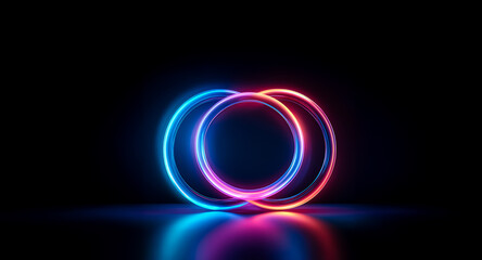 Two glowing neon circles interlock against a dark backdrop, casting vibrant reflections.  The rings emit blue and pink light, creating a modern and abstract design with depth.