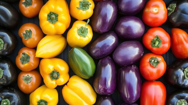Colorful arrangement of various fresh vegetables presented on a dark surface