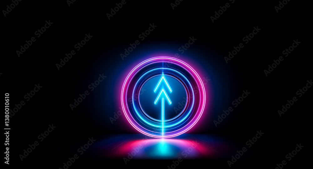 Poster a vibrant neon arrow pointing upwards is centered within a circular frame. the design glows with blu