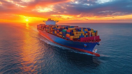 Container ship glides through open sea, bathed in sunset glow, embodying tranquility and vast horizons.