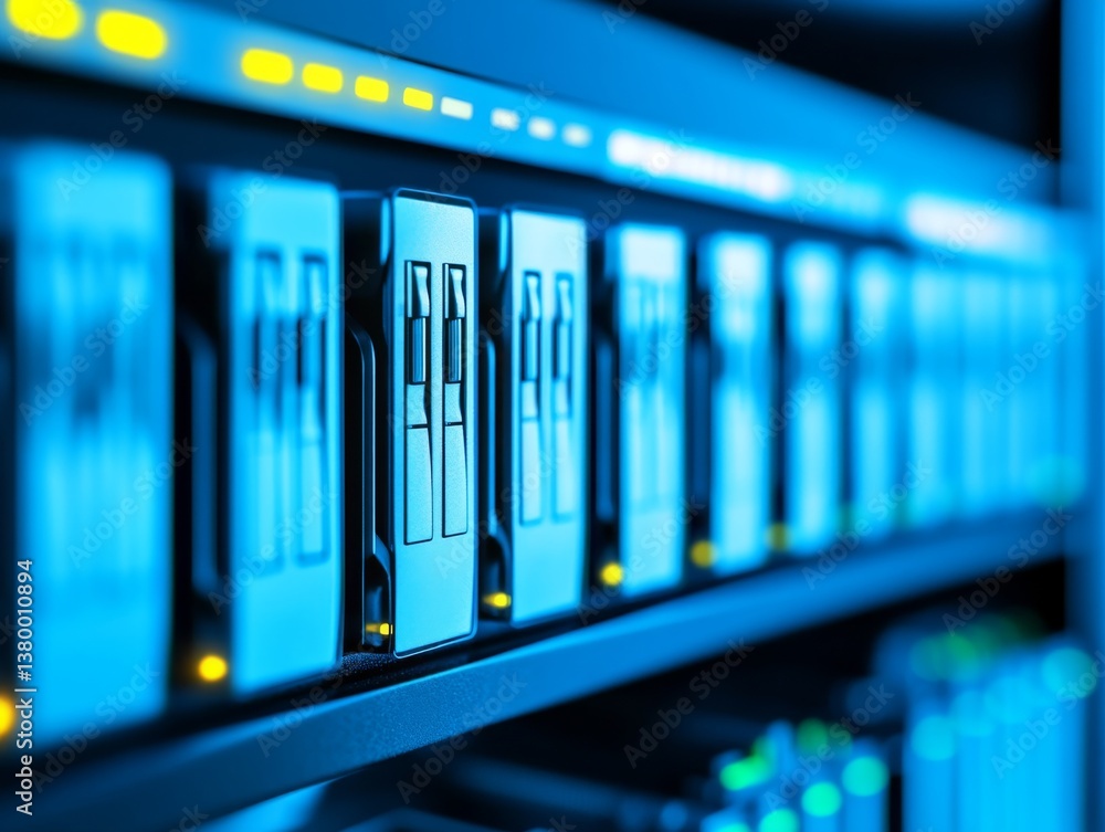 Leinwandbilder High-angle perspective reveals a row of computer servers showcasing glowing lights and organized cables in a contemporary data center environment