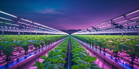 Aerial view of automated vertical hydroponic farm with LED lighting.