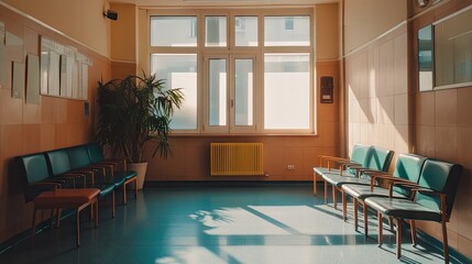 A sunlit interior of a waiting room with chairs