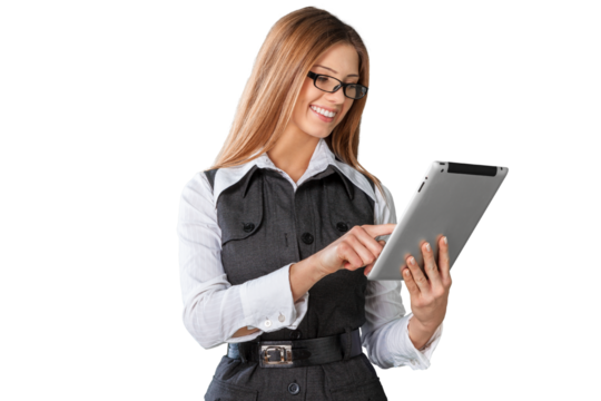 Young woman holding a tablet with a focused expression, isolated on a white PNG background, perfect for technology, business, and e learning concepts.

